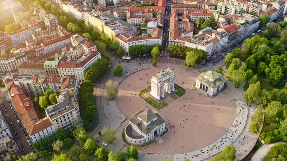 Aerial View of Arco Della Pace Milano Lombardia Imperial Monument in Center Drone Flight Shot Over