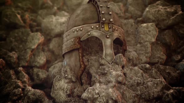 Ancient Medieval Helmet Embedded In A Rock