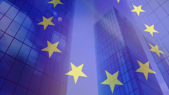 EU flag with modern office buildings in the background