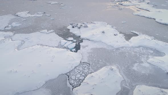 Aerial Flight Over Polar Ocean, Base. Antarctica