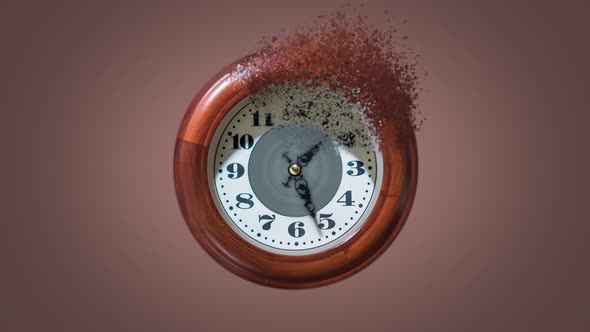 Clock Disintegrates Into Pieces on a Brown Background