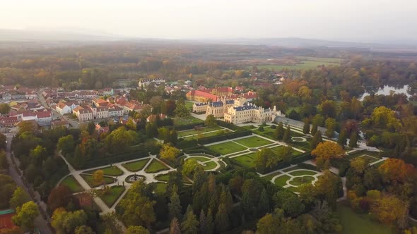 Aerial View of Small Town Lednice and Castle Yard with Green Gardens in Moravia Czech Republic