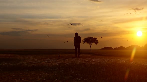 Camper Man Walking With His Dog at Sunset alt