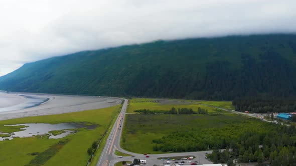 4K Cinematic Drone Video of Mountains Surrounding Turnagain Arm Bay Looking Over Seward Highway Alas