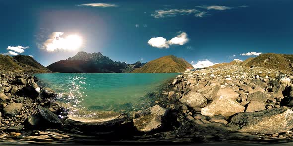 VR Gokyo Ri Mountain Lake at the Winter Season. Wild Himalayas High Altitude Nature and Mount Valley