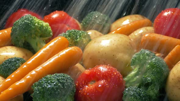 Colorful Mixed Vegetables Get Washed In Water Spray