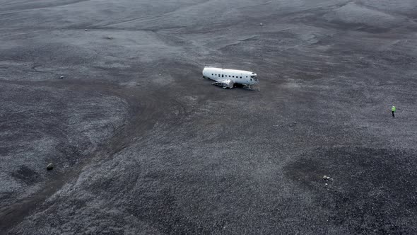 Aerial of an Abandoned Crashed Plane Wreckage on Solheimasandur Beach Iceland