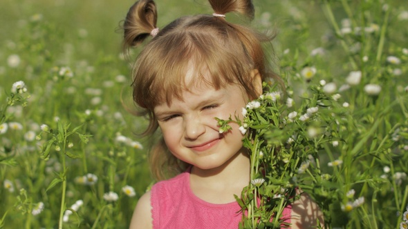 Little Blonde Child Girl in Pink Dress Stay on Flower Chamomile Grass Meadow. Bouquet of Daisies