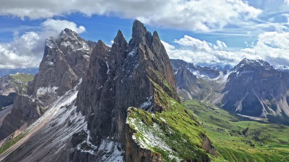 Areal view of Seceda in Dolomites in summer