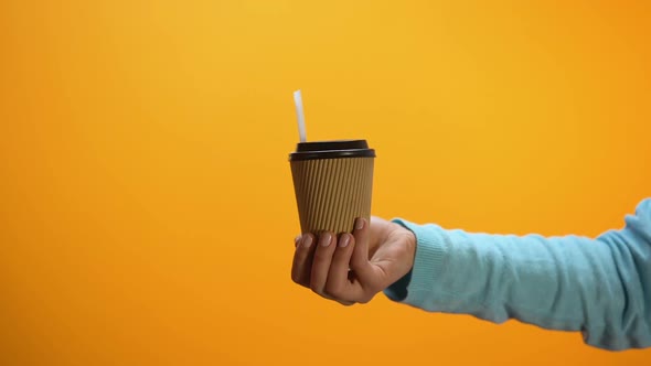Waiter Hand Giving Hot Beverage Coffee-Shop Customer Opening Paper Cup Takeaway
