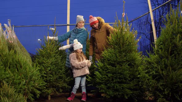 Happy Family Buying Christmas Tree at Market