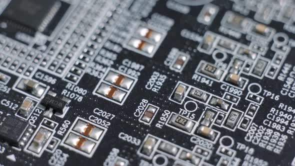 graphics card GPU circuit board, capacitors and fuses, microchip and transistor, processor CPU