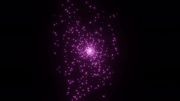 Emergence and spread of purple particles from center. Explosion of elementary