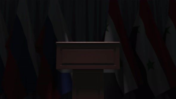 Flags of Syria and Russia and Tribune alt