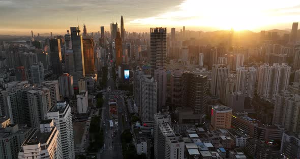 Aerial footage of landscape at sunset in shenzhen city, China