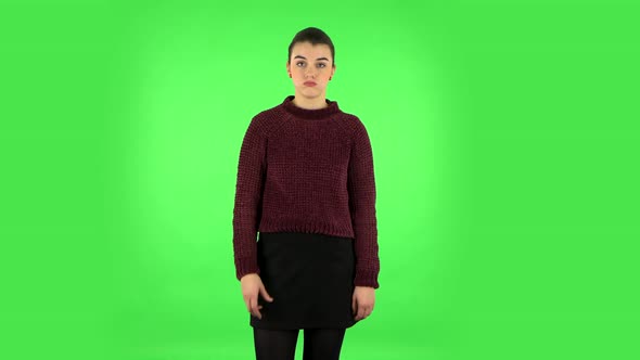 Tired Woman Waving Hand and Showing Gesture Come Here. Green Screen