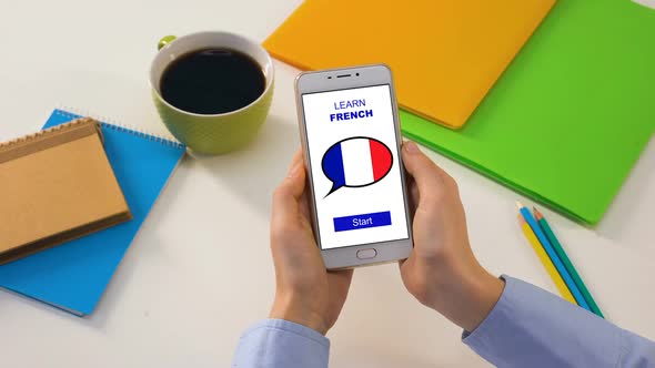 Person Showing Smartphone With Learn French App, Foreign Language Education