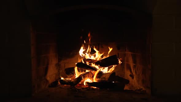 Burning Fire In The Fireplace. Slow motion.