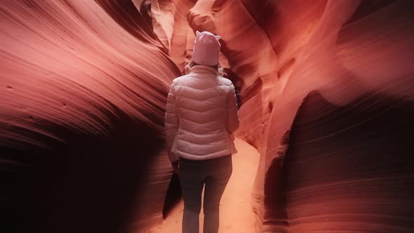 Camera Following Woman Traveler Exploring Magical Cinematic Antelope Canyon USA