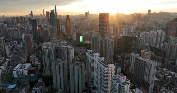 Aerial footage of landscape at sunset in shenzhen city, China