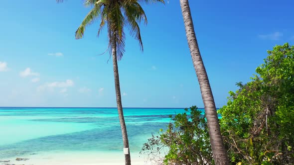 Luxury aerial copy space shot of a white paradise beach and turquoise sea background 