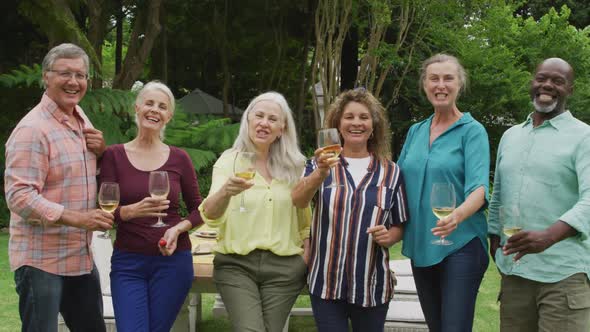 Animation of diverse happy senior female and male friends toasting with wine in garden