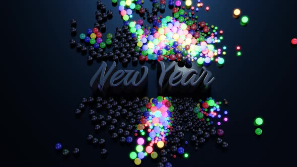 3D New Year's Looped Background with Inscription New Year and Garland Balls Scattered on Plane Light