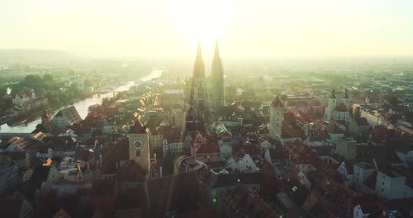 Drone shot of Regensburg and the old town in golden October