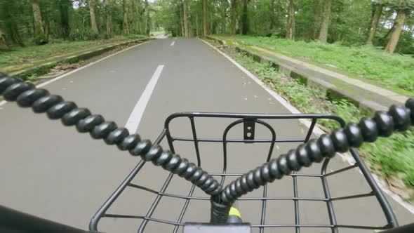 Pov of a Person Riding a Bicycle with a Basket and Going Around a Snake Marking on the Road in a