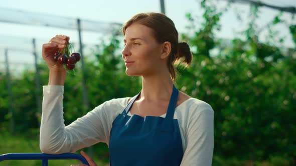 Successful Business Woman Holding Cherry at Modern Green House