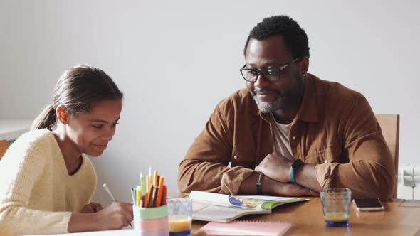 Smiling father and daughter doing homework