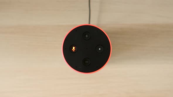 Person mutes smart home assistant to protect privacy, top down static