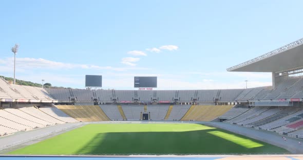 Empty sports soccer stadium. Green football field