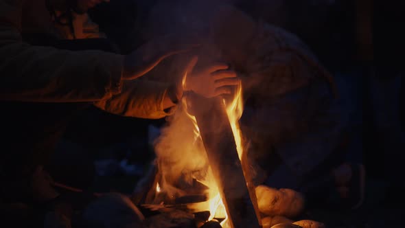 Group of tourists frying marshmallows in bonfire