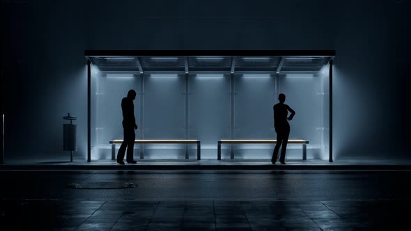 Two people standing at a bus stop at night. Dark mysterious street. Shelter.