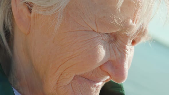 Old Greyhaired Woman Wrinkled Face Enjoying Weather