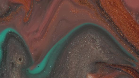 Turquoise, copper, black colors oil paint pouring close up. Fluid Art painting