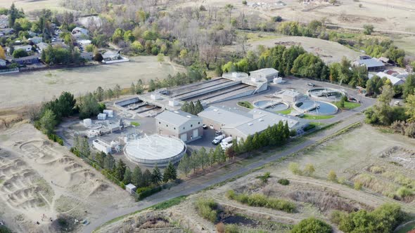 Ashland, OR waste treatment plant.Aerial view to sewage treatment plant. Grey water recycling. Waste