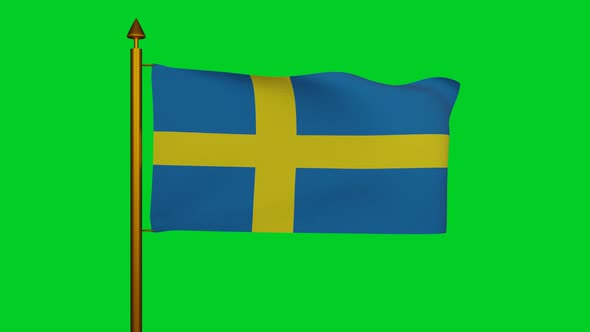 National flag of Sweden waving with flagpole on chroma key, Sveriges flagga with yellow Nordic cross