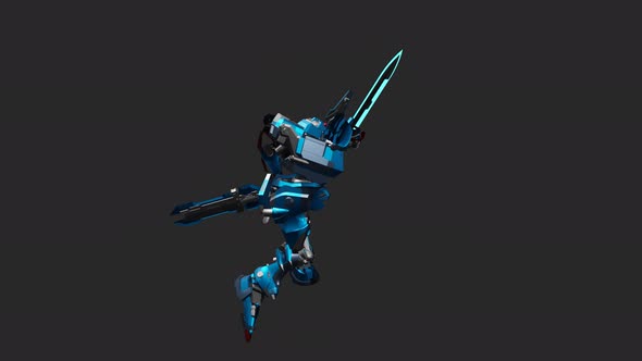 The robot acts in the Standing Melee Attack 360 High style and wields a double sword