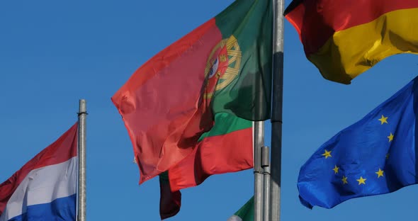 Flags of european countries waving in the wind