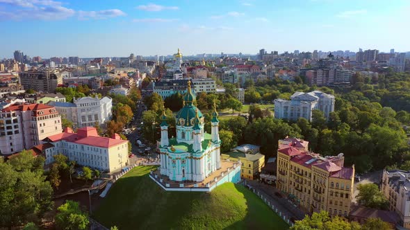 Aerial Drone Video Famous St. Andrews Church and Panorama of Kyiv, Ukraine