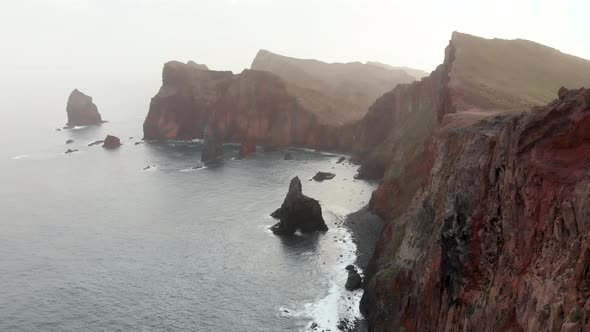 Aerial Slider Shot of Volcanic Madeira Island Coastline Portugal