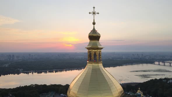 Kyiv-Pechersk Lavra in the Morning at Sunrise. Ukraine. Aerial View