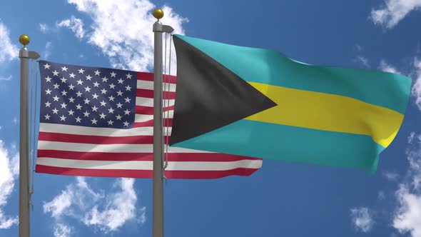 Usa Flag Vs Bahamas Flag On Flagpole