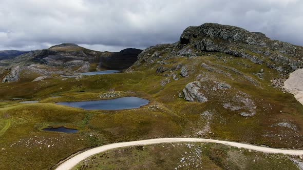 Lagunas De Alto Peru On Cloudy Day In Tumbaden District, San Pablo, Peru. aerial