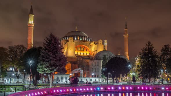 Hagia Sophia Timelapse Hyperlapse with a Fountain at Night Istanbul Turkey