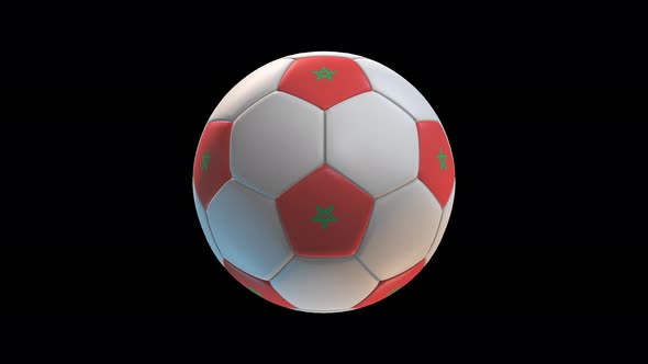 Soccer ball with flag Morocco, on black background loop alpha alt