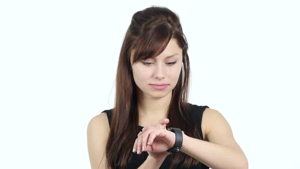 Young Girl Using Smartwatch, White Background