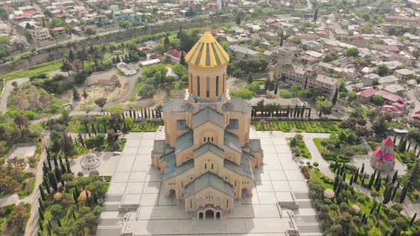 Aerial Revealing View Of Sameba In Tbilisi, Georgia